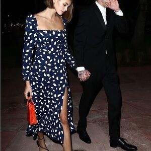 Reformation Navy and White Long Sleeve Dress